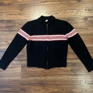 Vintage J Crew Merino Wool Zip Sweater Fair‎ Isle Nordic Knit Black Red Small